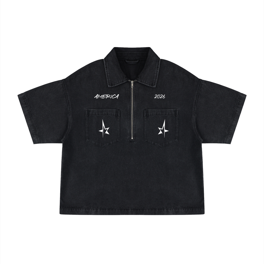 Unisex Vintage Wash Boxy Quarter-Zip Denim Shirt