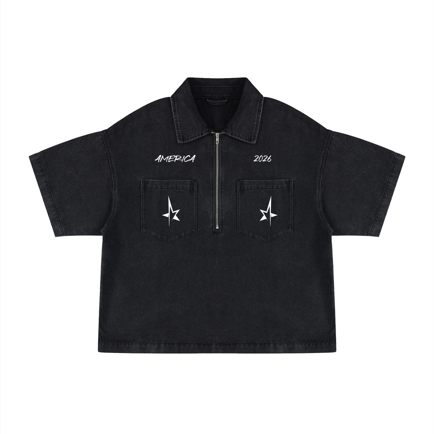 Unisex Vintage Wash Boxy Quarter-Zip Denim Shirt